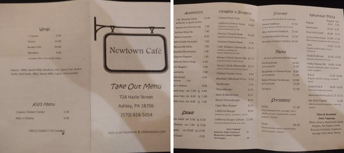 Newtown Cafe Menu